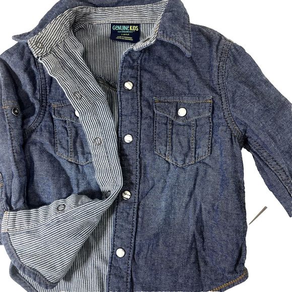 NWT Oshkosh Genuine toddler Blue Denim Jeans Snap Button up Boys Shirt Size 18M - Picture 7 of 7